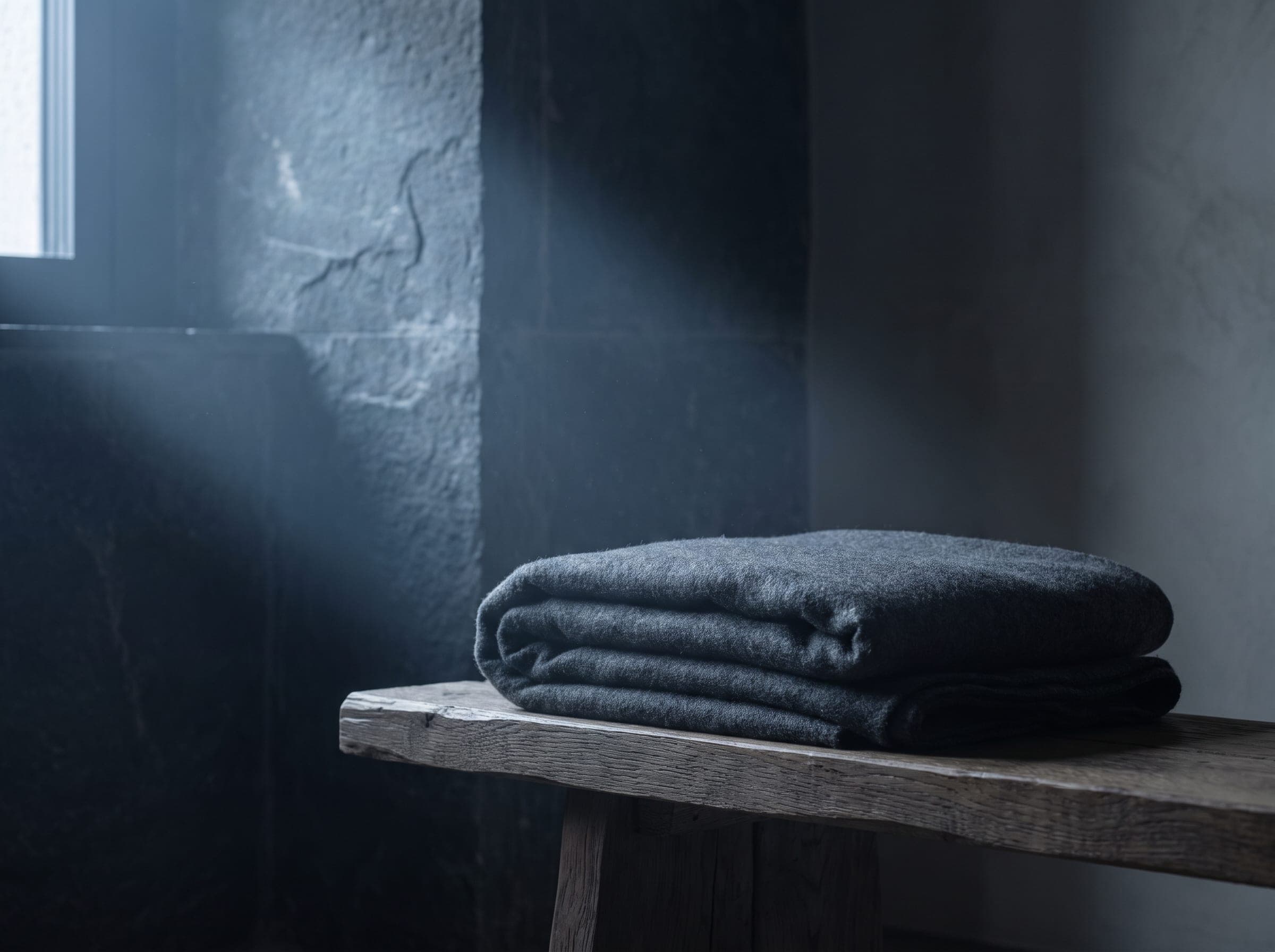 Halden House concept: wool blanket on an oak bench in a beam of window light