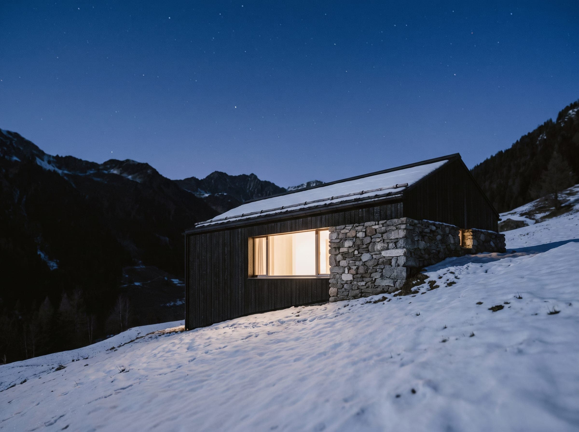 Halden House concept: a low timber and stone retreat on a mountain slope at blue hour