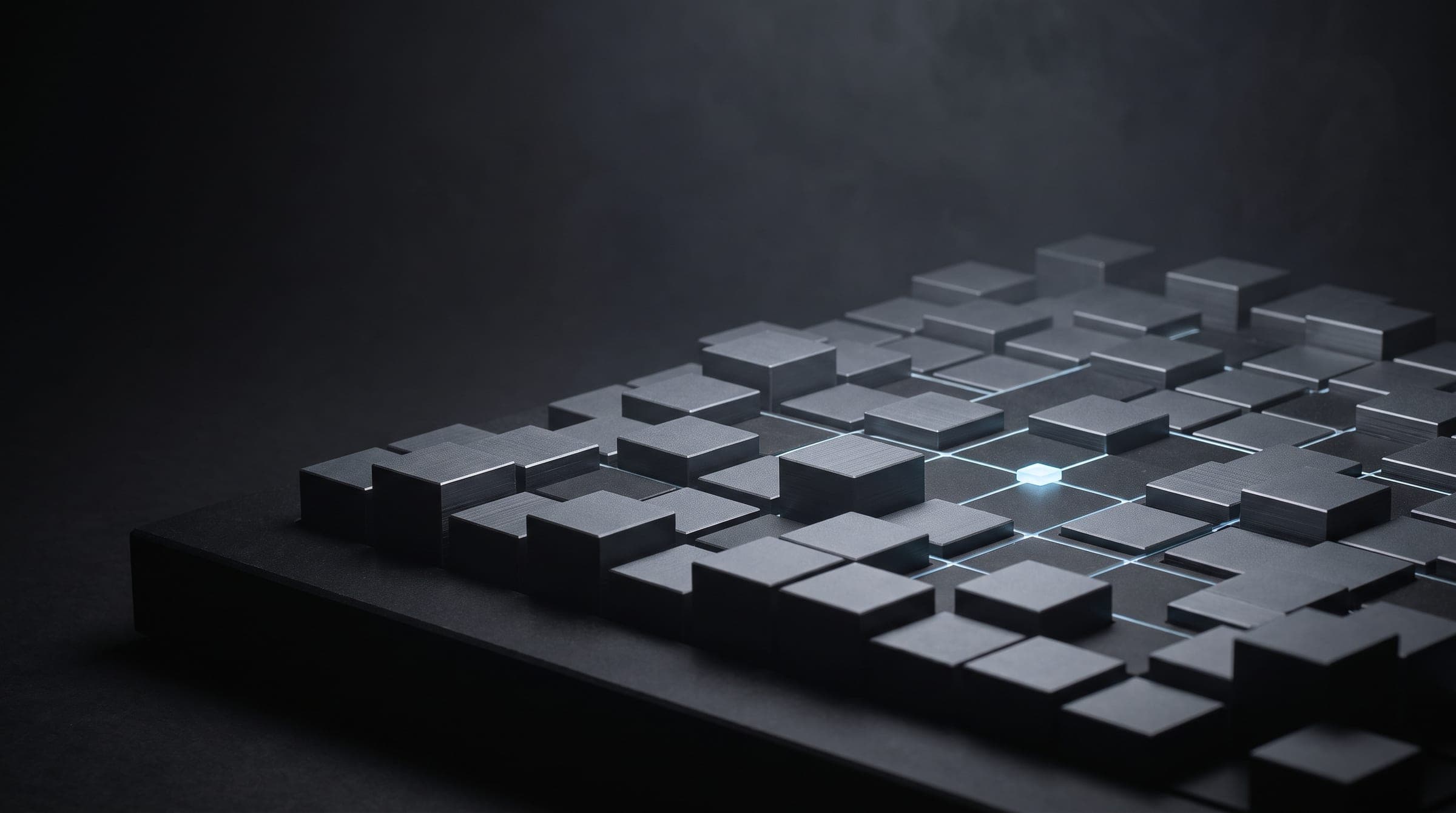 Meridian Grid concept: machined graphite model grid with one glowing ice-blue node