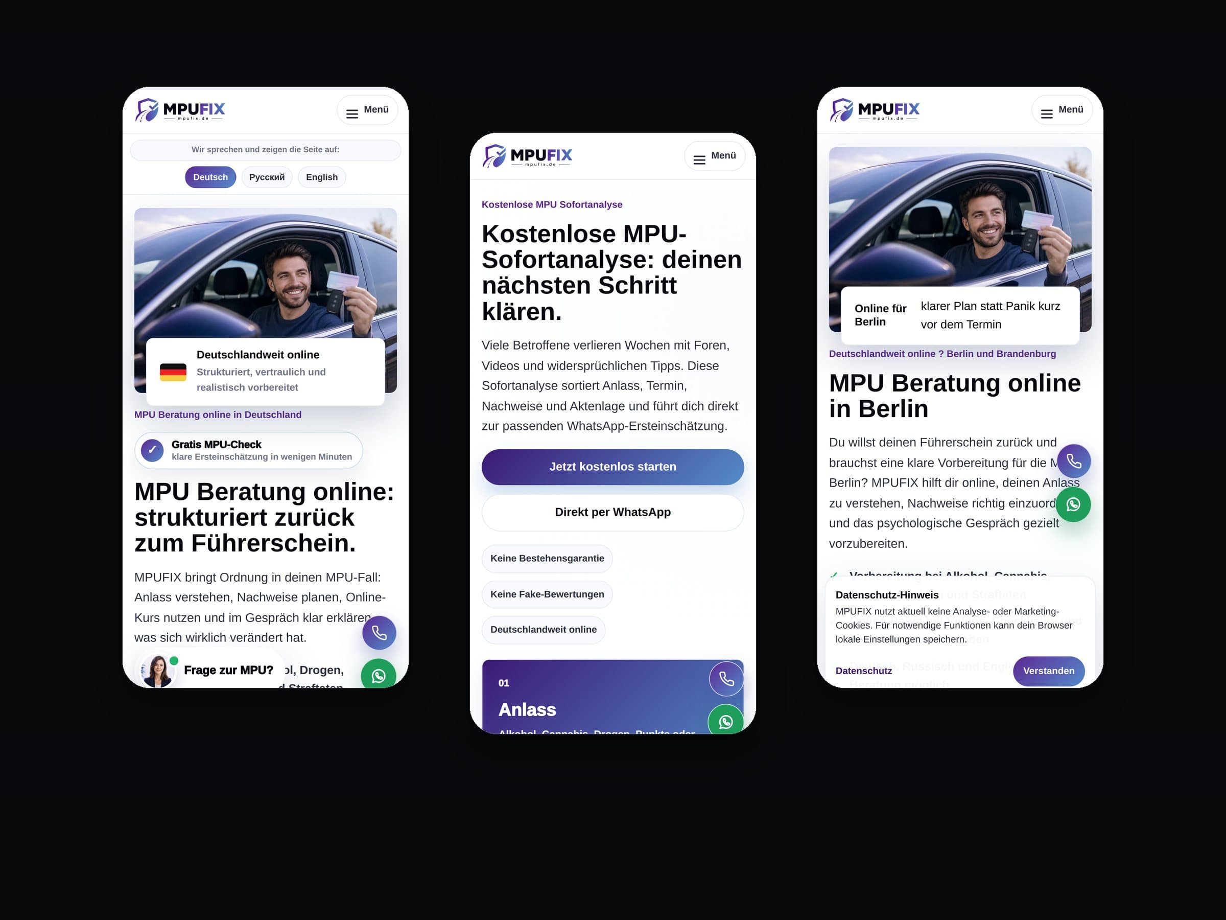 Drei Seiten von MPUFIX.de auf dem Handy: Startseite, Sofortanalyse und Standortseite Berlin