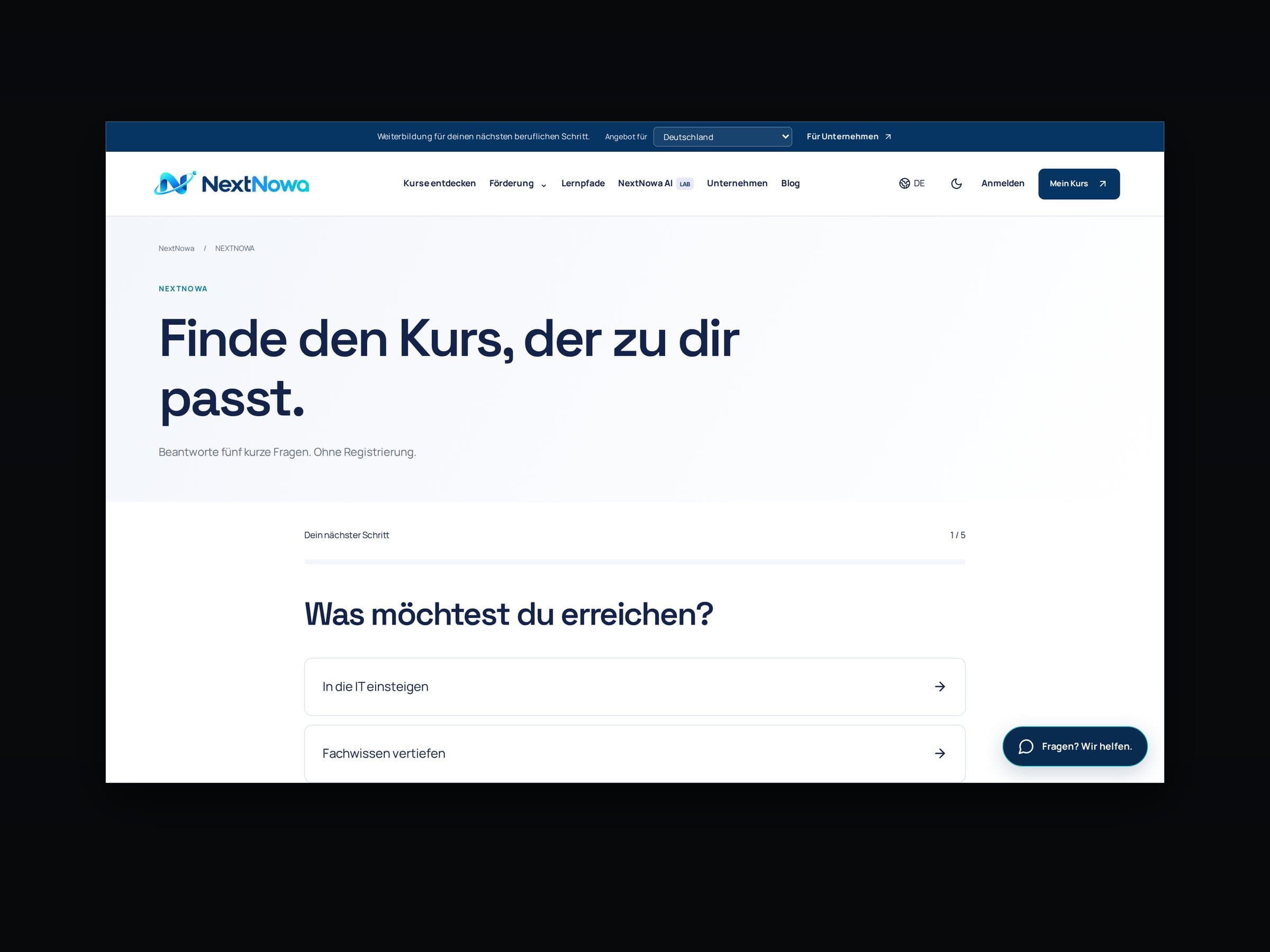 NextNowa course finder: five short questions, no registration