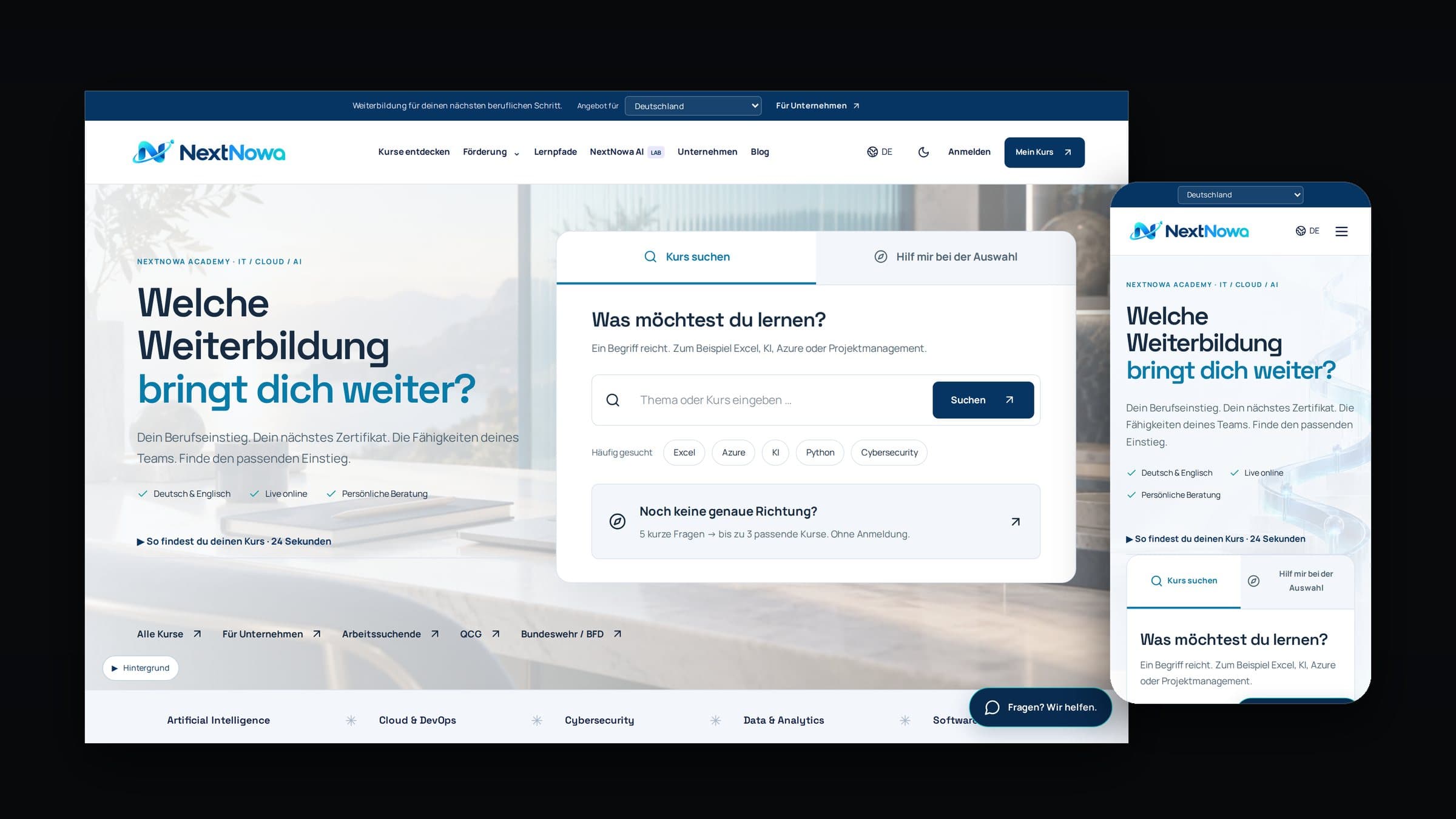 NextNowa Academy homepage on desktop and phone: “Welche Weiterbildung bringt dich weiter?” with course search