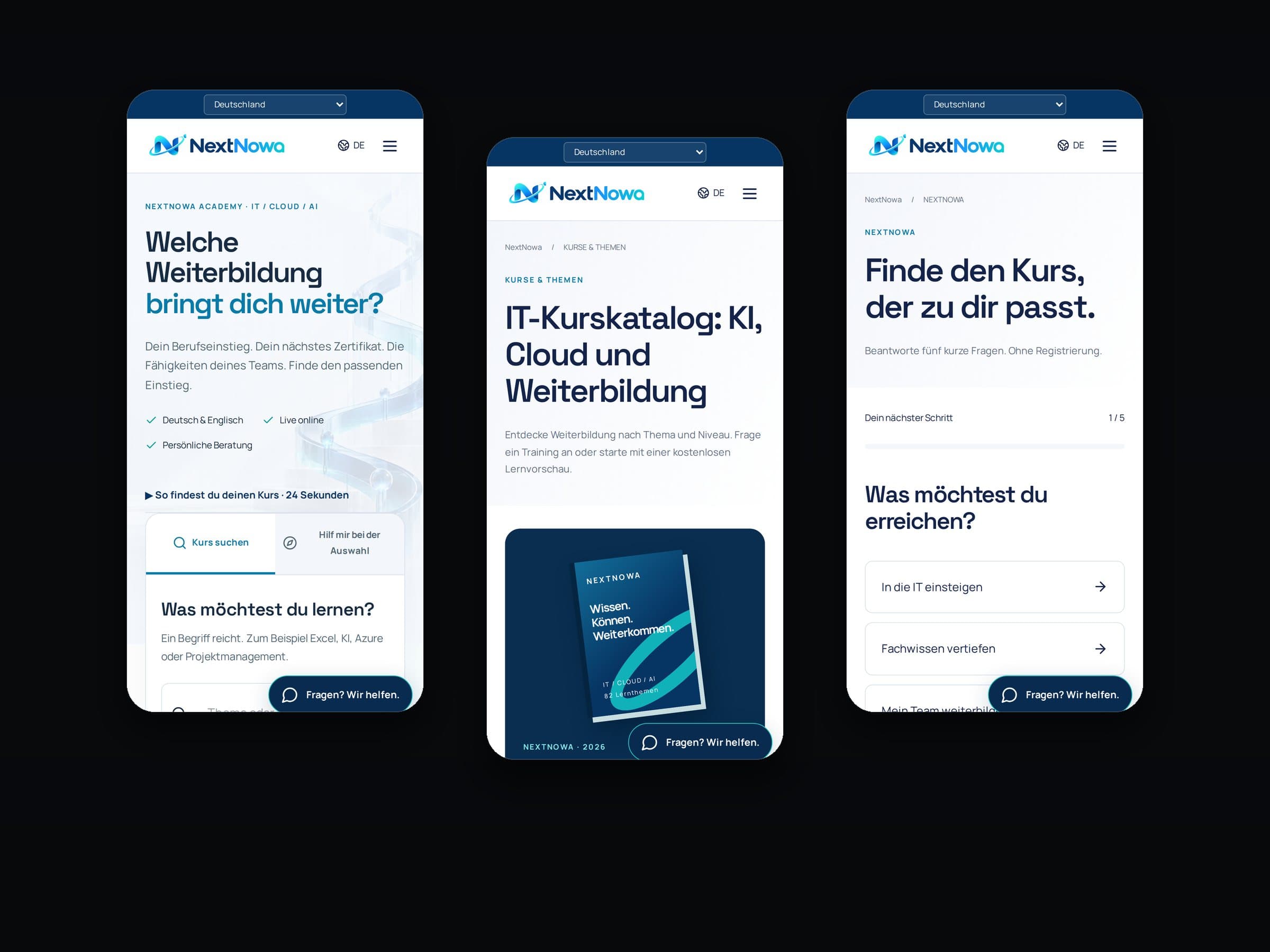 Three NextNowa pages on a phone: homepage, course catalogue and course finder