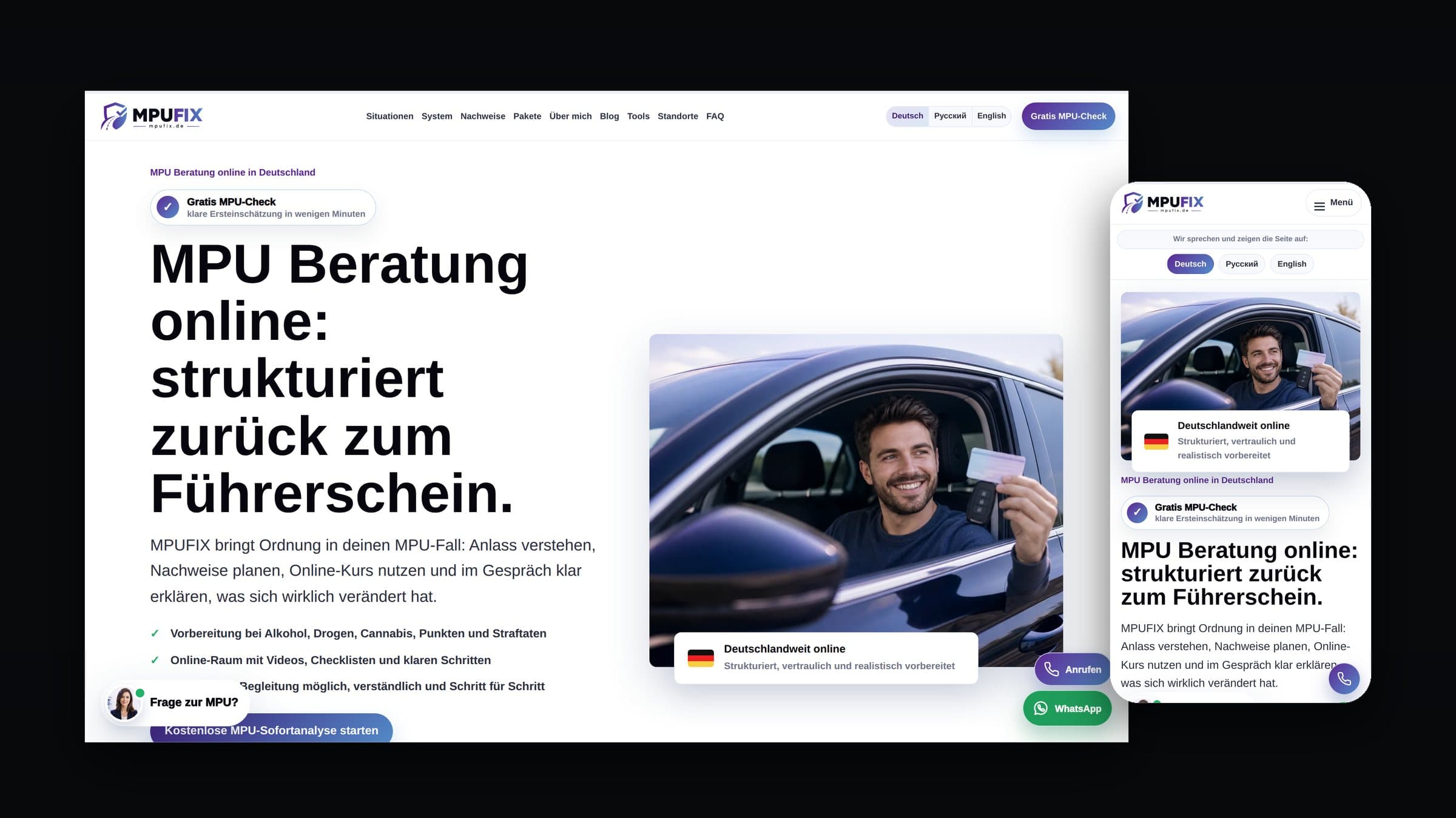 Startseite von MPUFIX.de auf Desktop und Handy: Headline „MPU Beratung online“, kostenloser MPU-Check, WhatsApp- und Anruf-Button