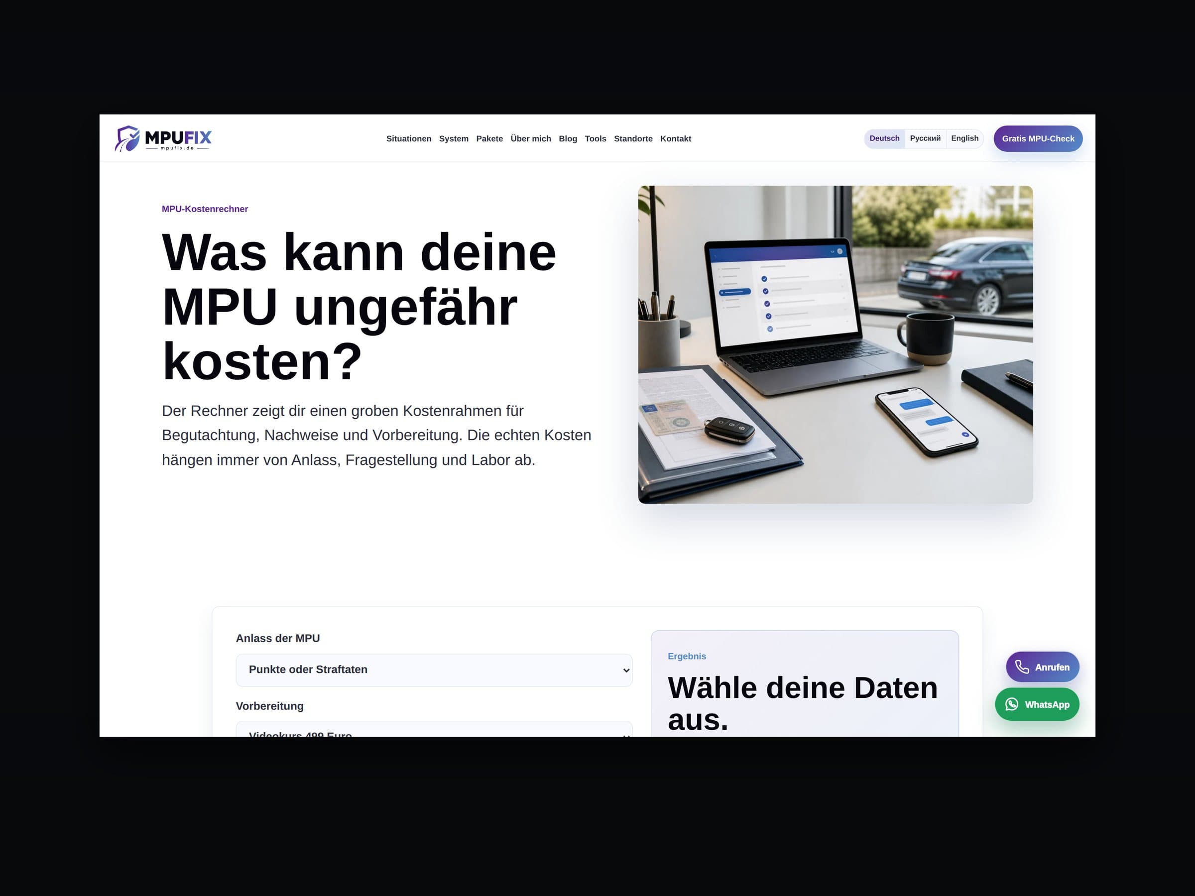 MPU-Kostenrechner von MPUFIX.de auf dem Desktop